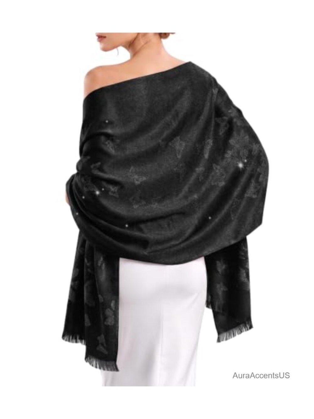 Satin Pashmina Wrap for Women, Silver Thread Jacquard Evening Shawl, Bridal